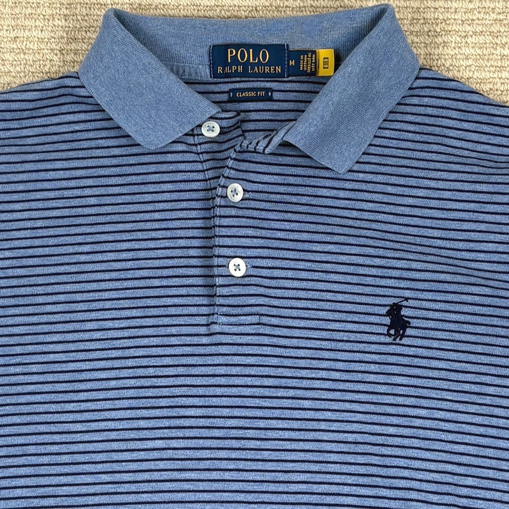 Polo Ralph Lauren Polo Shirt Mens M Blue Striped Classic Fit Preppy Nautical - Picture 3 of 13